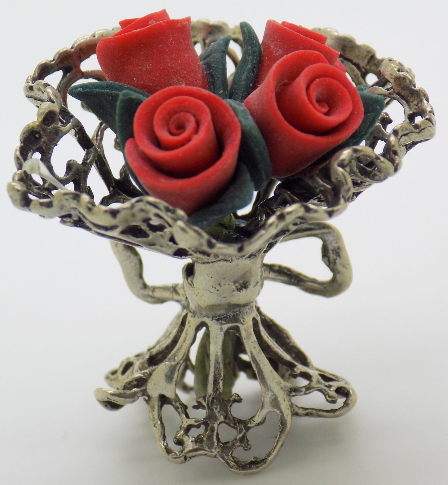 Vintage Handmade Italian Genuine Silver Rose Bouquet Dollhouse Miniature