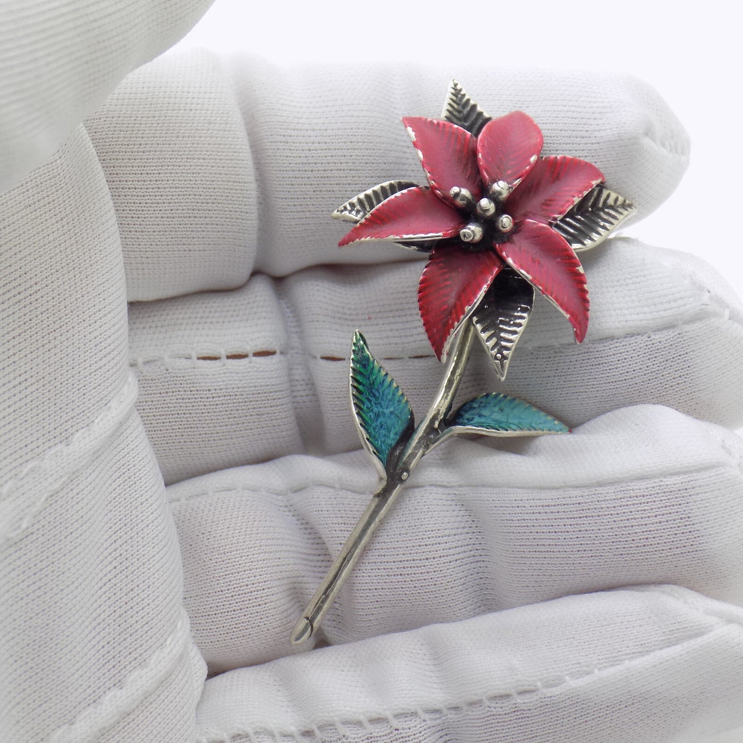 1 x Vintage Italian 800 Silver Poinsettia Flower Figurine Christmas Miniature