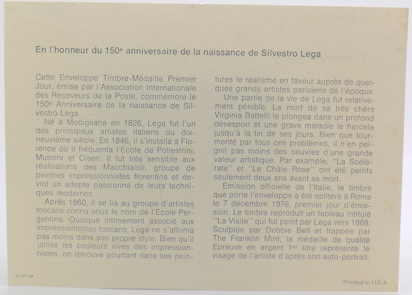 1976 Int'l Society of Postmasters Silvestro Lega Birth 150th anniv. Silver Medal