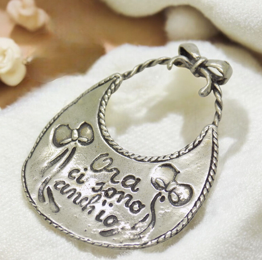Vintage Italian Handmade Genuine Silver Baby Bib "Ora ci sono anch'io" Miniature