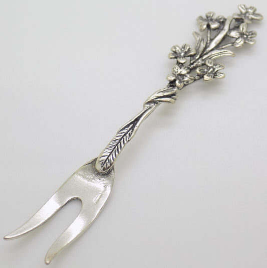 Vintage Italian Handmade Genuine Silver .800 Flower Decorated Cocktail Mini Fork