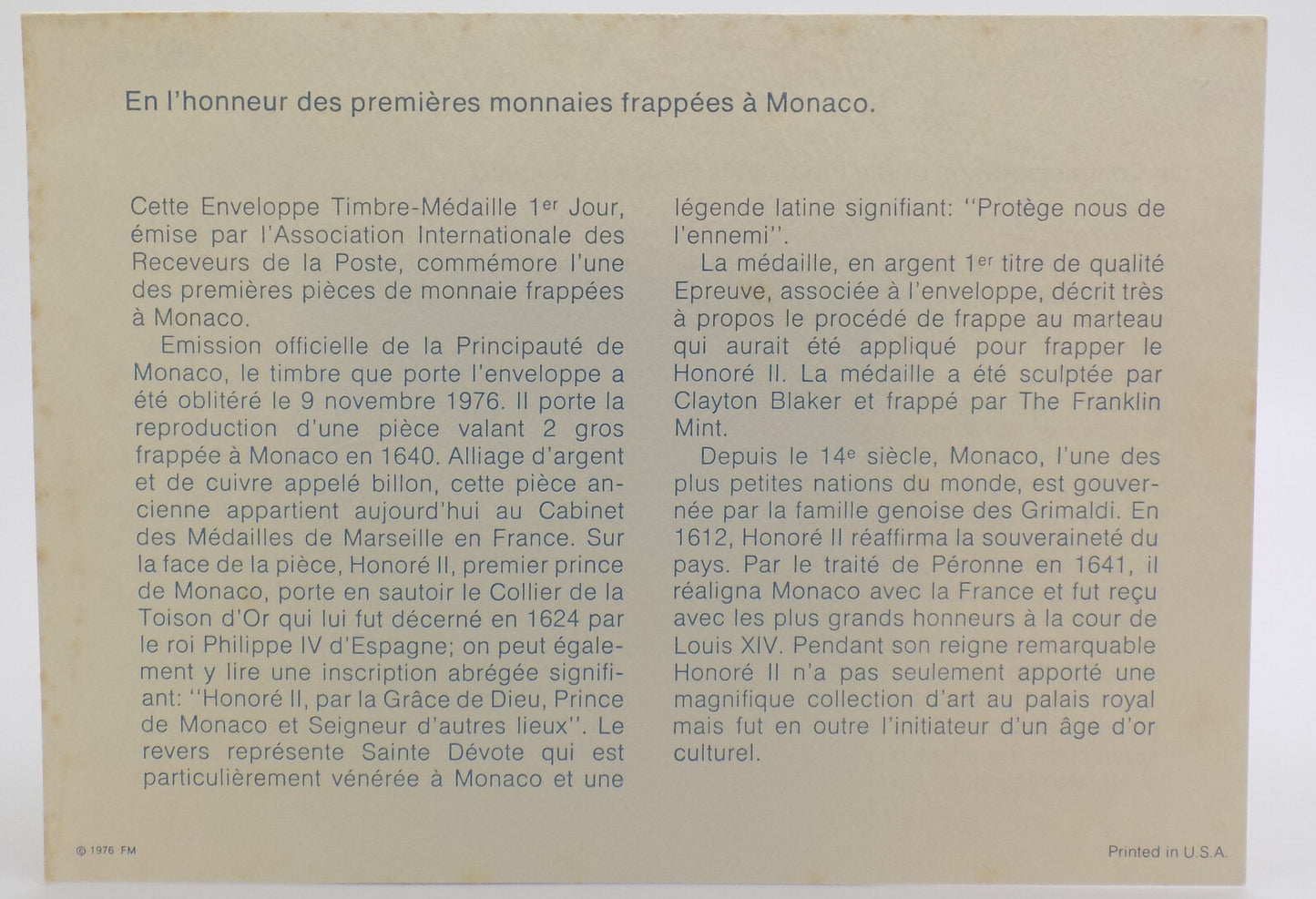 1976 Int'l Society of Postmasters The First coins Struck in Monaco Silver Medal