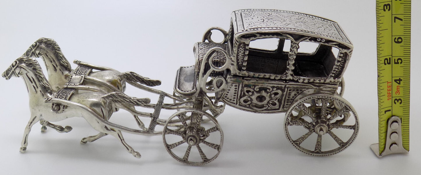Vintage Italian Handmade Genuine Silver Large Royal Carriage w/t Horses Statue