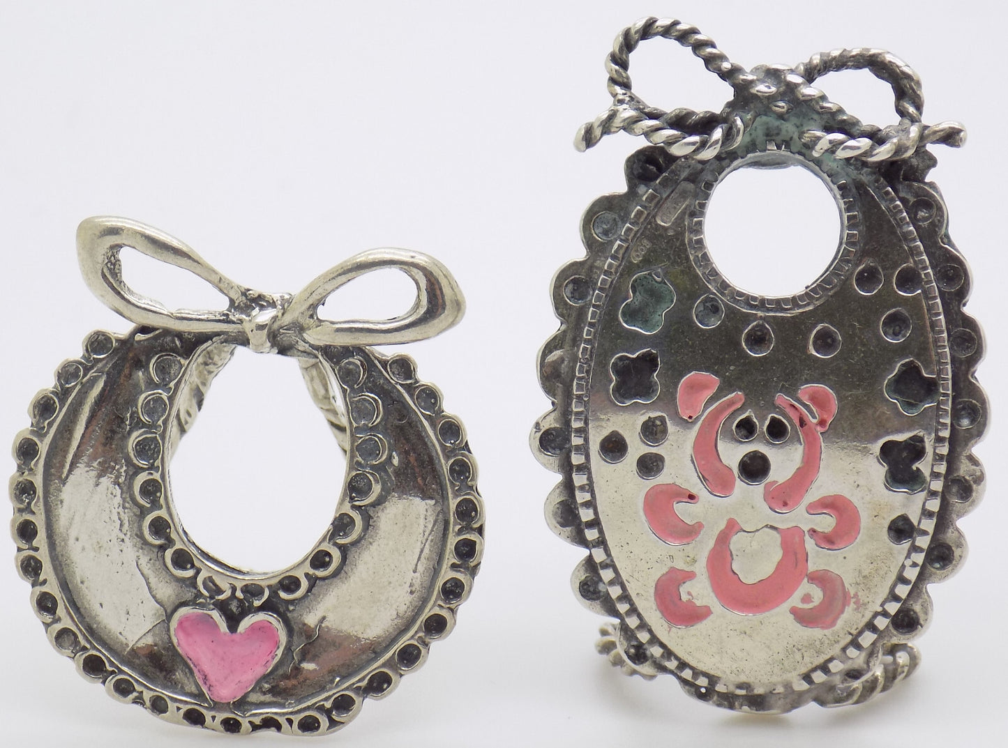 Vintage Italian Handmade Genuine Silver .800 Two Baby Bibs Figurines Miniatures