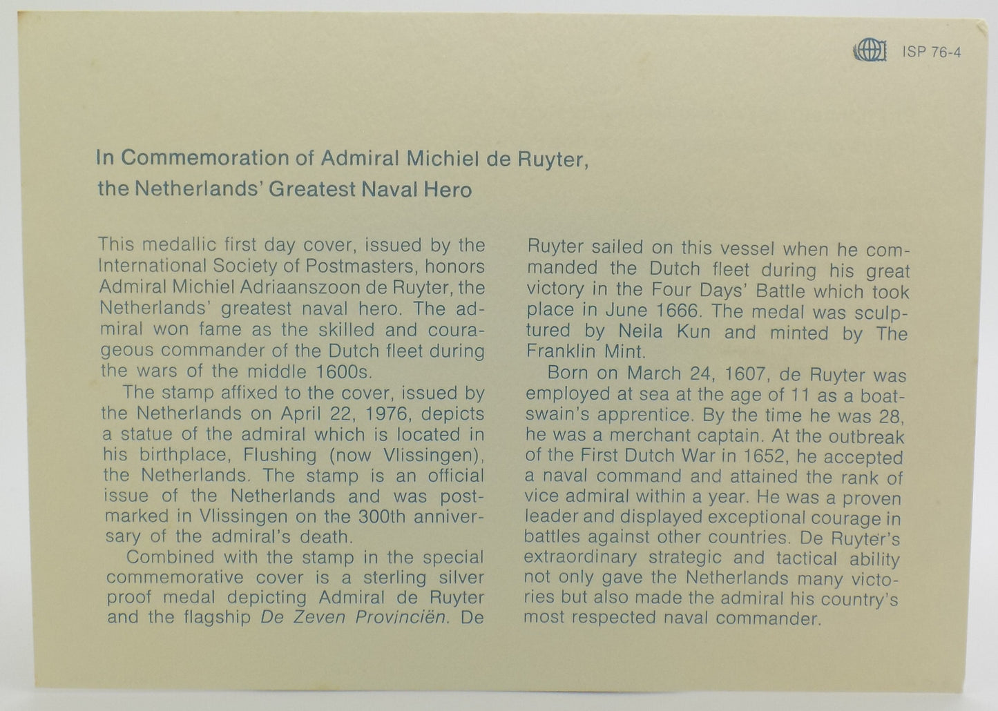 1976 Intl Society of Postmasters Netherlands Hero Michiel de Ruyter Silver Medal