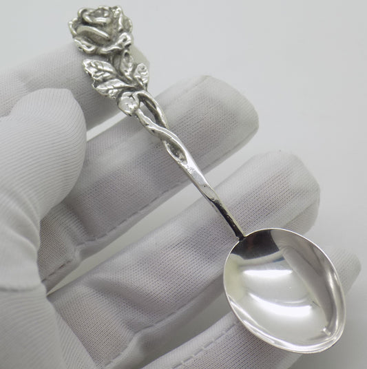 Vintage Swedish Solid Silver Rose Handle Sugar Spoon Tre Kronor Hallmark 1969