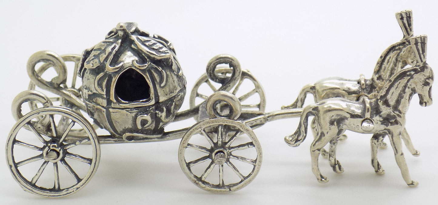 Vintage Italian Handmade Genuine Silver 800 Royal Carriage w/t 2 Horses Figurine