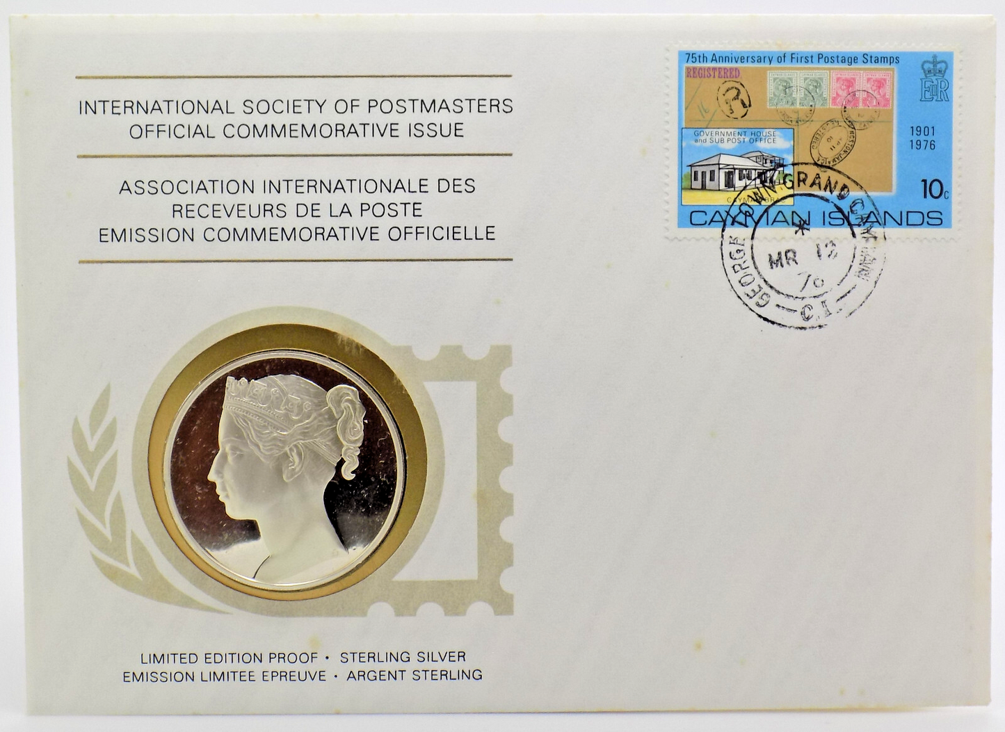 1976 Int'l Society of Postmasters Cayman Islands 1st Postage Stamps Silver Medal
