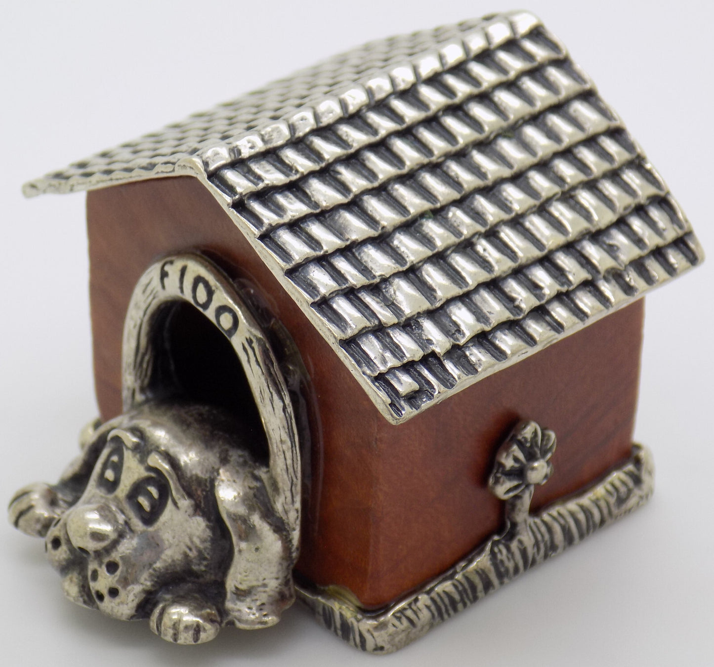 Vintage Italian Handmade Genuine Silver & Wooden LARGE Doghouse & Dog Figurine