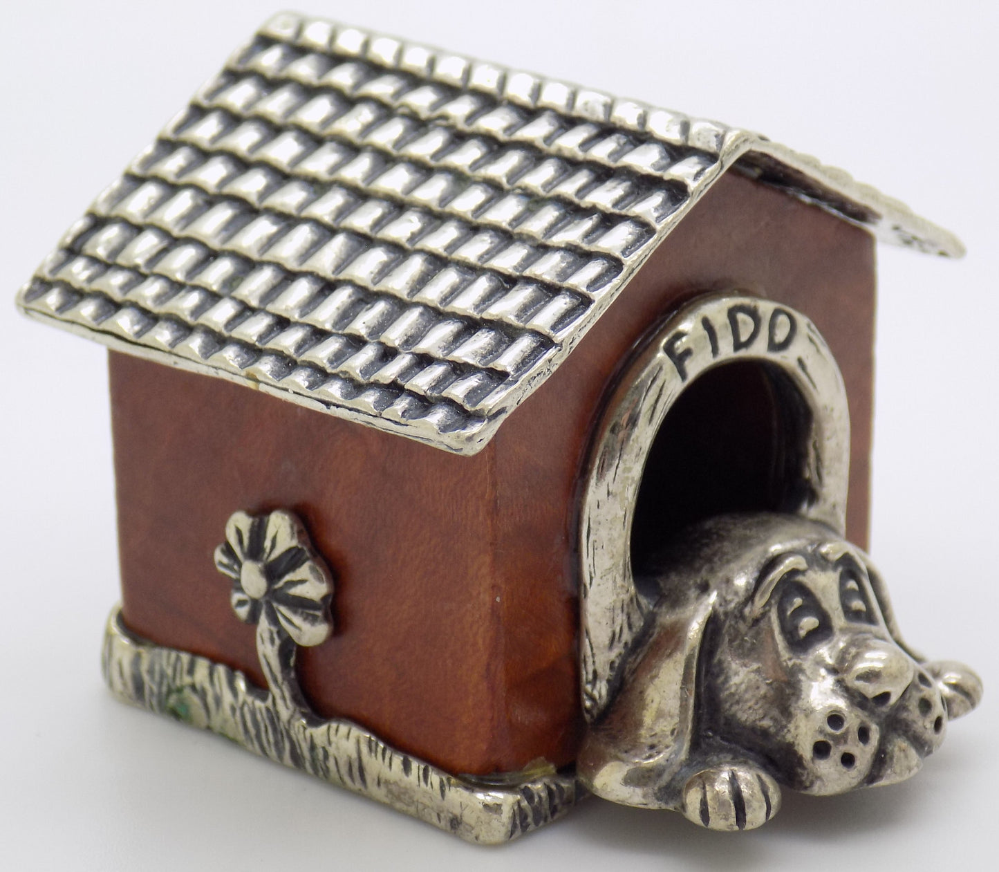 Vintage Italian Handmade Genuine Silver & Wooden LARGE Doghouse & Dog Figurine