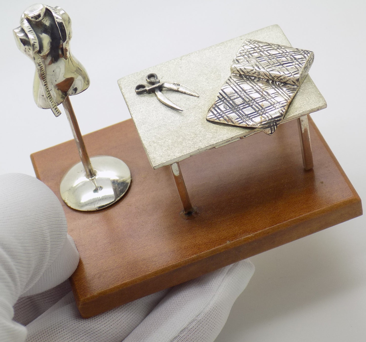 Vintage Italian Sterling Silver & Wood Medusa-Oro Sewing Studio Set Figurine