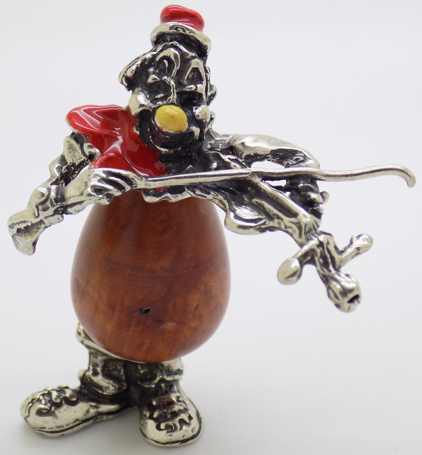 Vintage Italian Handmade Genuine Silver & Wood Clown w/t Violin Figurine