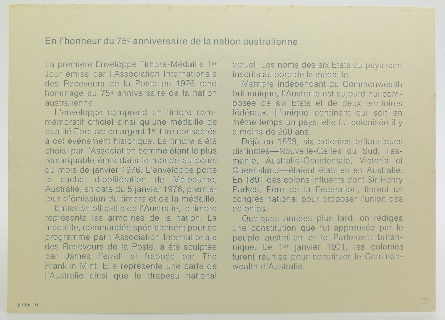 1976 Australia Nationhood INT'L Society of Postmasters Silver Proof Medal PNC