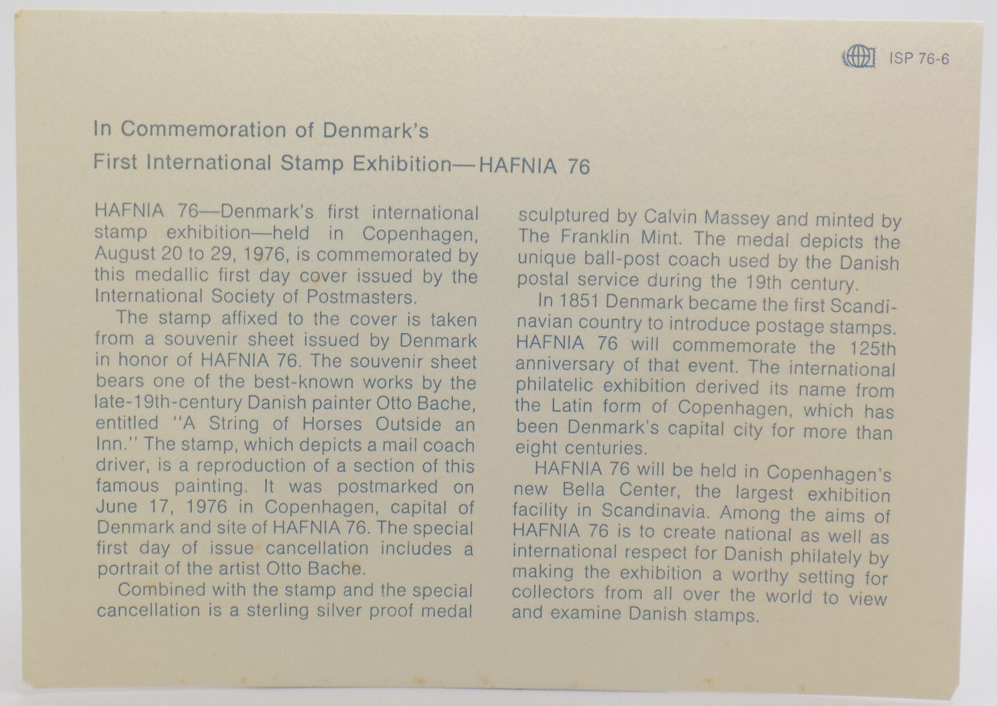 1976 Int'l Society of Postmasters Denmark's Stamp Exhibition-HAFNIA Silver Medal