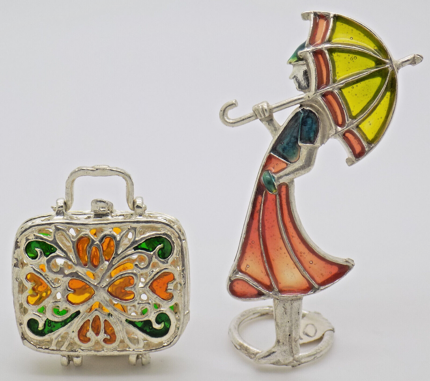 Vintage Italian Handmade Genuine Silver Girl & Luggage Shaped Pill Box Figurines