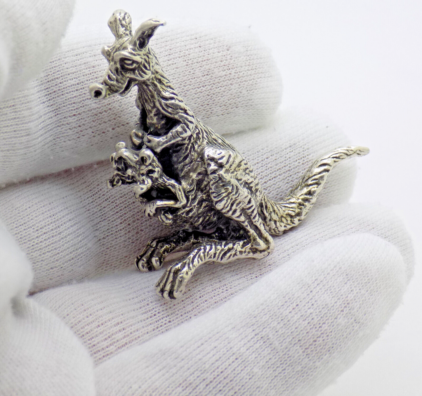 Vintage Italian Handmade Genuine Silver RARE Kangaroo with Two Joeys Figurine