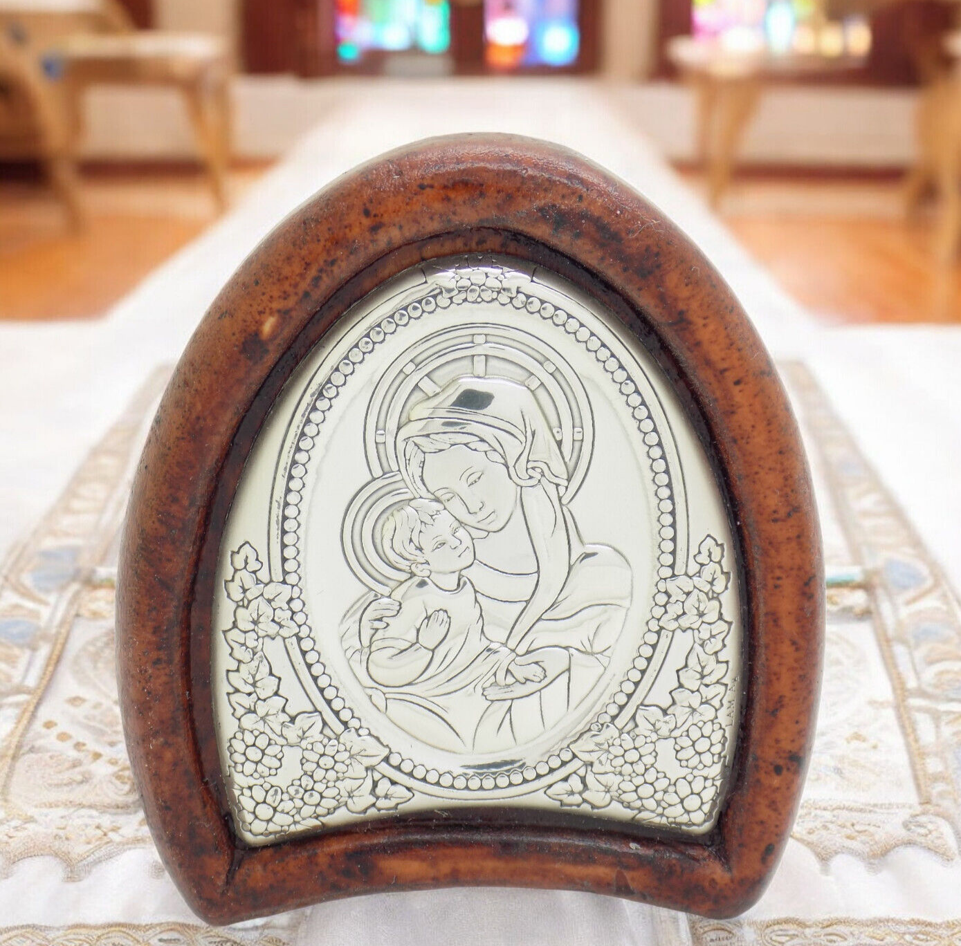 Vintage Italian Handmade Silver Lamina Sheet Mother Mary & Baby Jesus Holy Icon