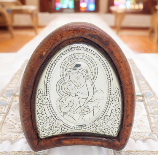 Vintage Italian Handmade Silver Lamina Sheet Mother Mary & Baby Jesus Holy Icon