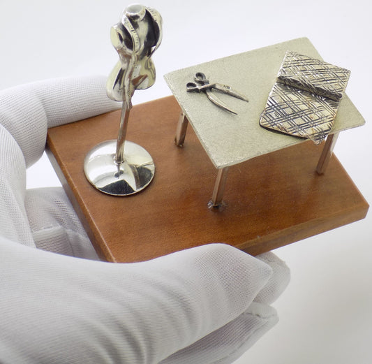 Vintage Italian Sterling Silver & Wood Medusa-Oro Sewing Studio Set Figurine