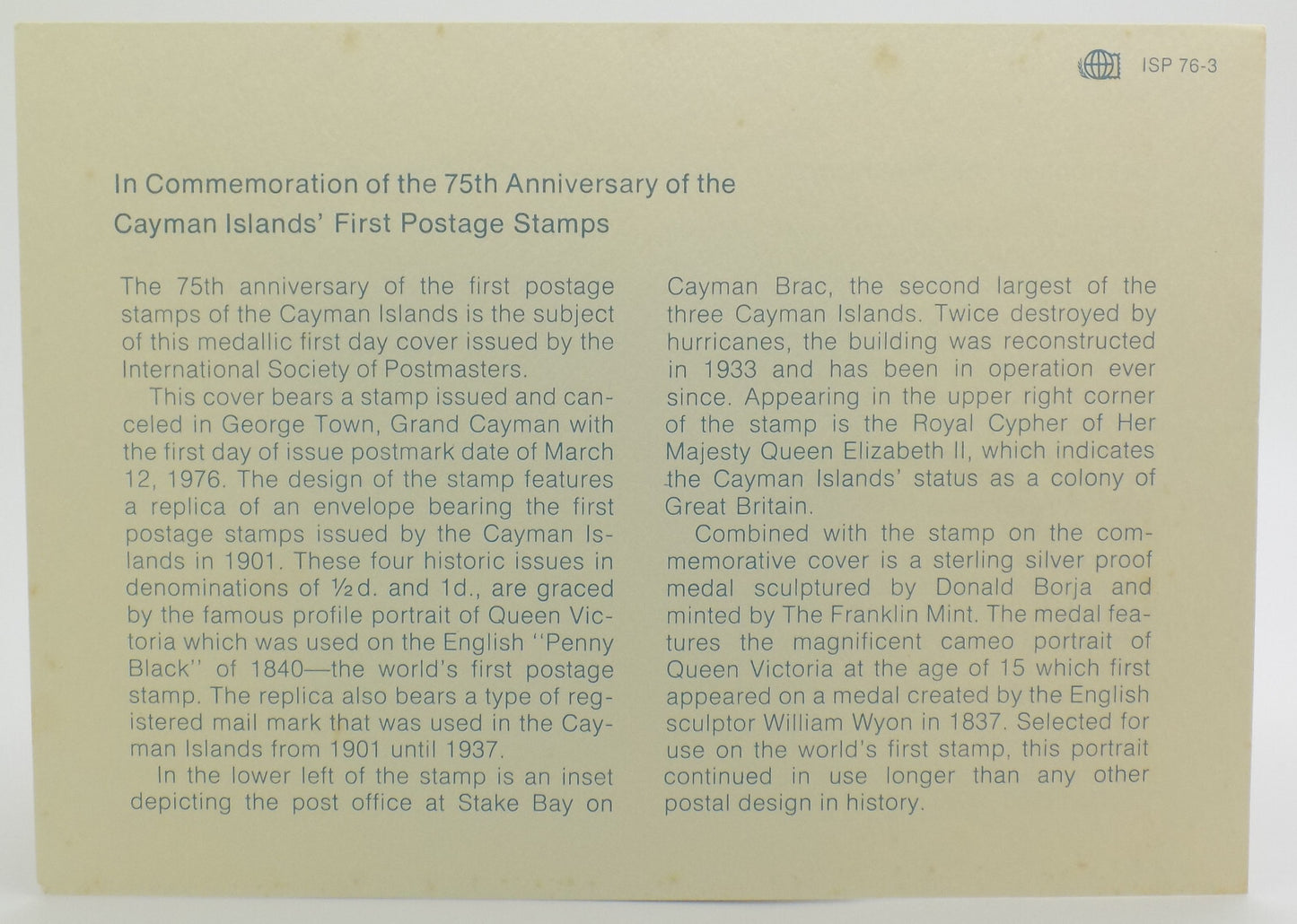 1976 Int'l Society of Postmasters Cayman Islands 1st Postage Stamps Silver Medal