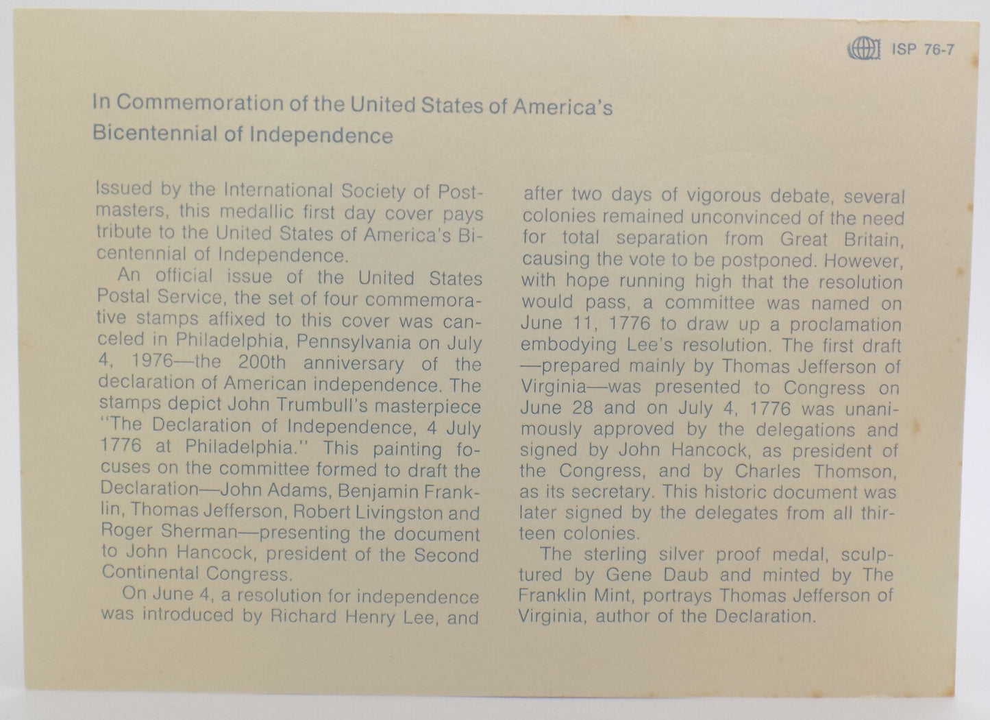 1976 Bicentennial First Day Cover Stamps & Sterling Medal with Thomas Jefferson