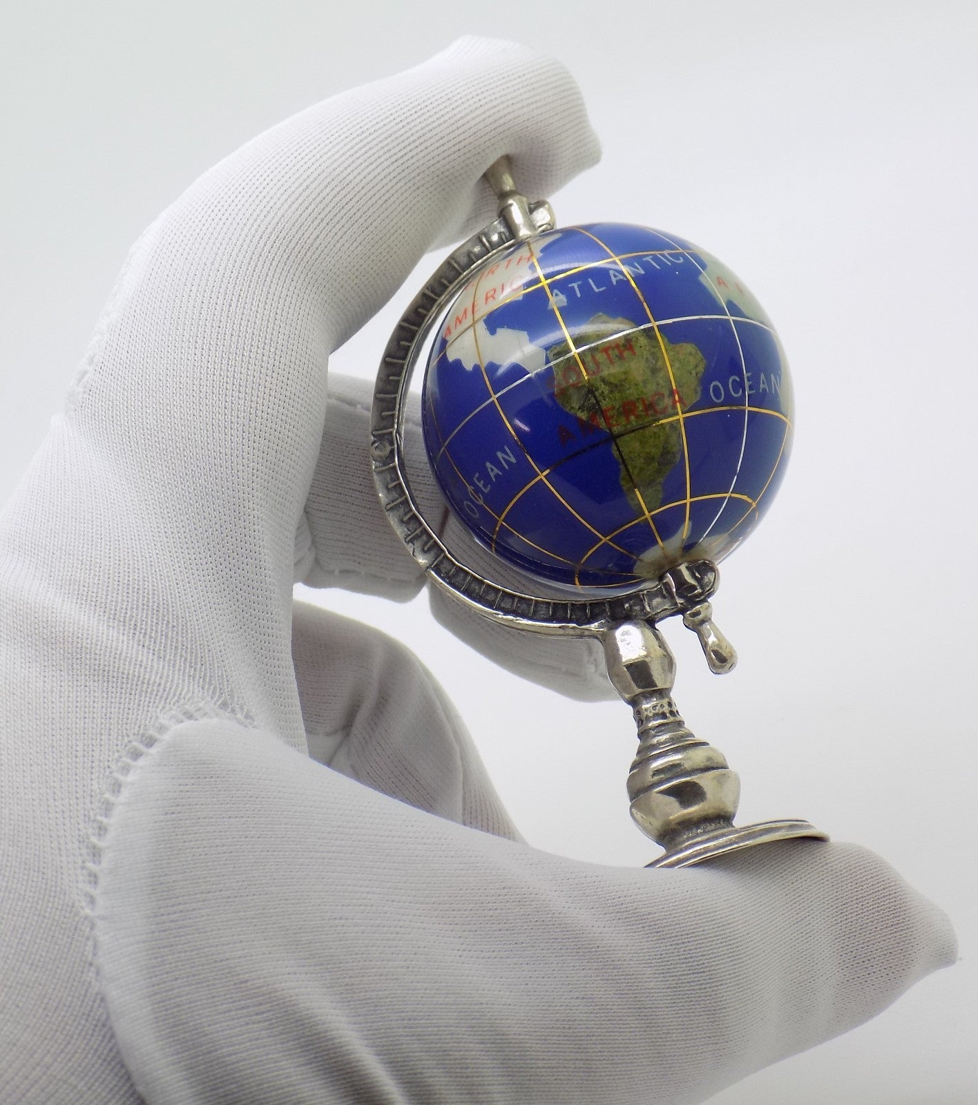 Vintage Italian Silver & Porcelain Rotating Globe Large Figurine made in Tuscany