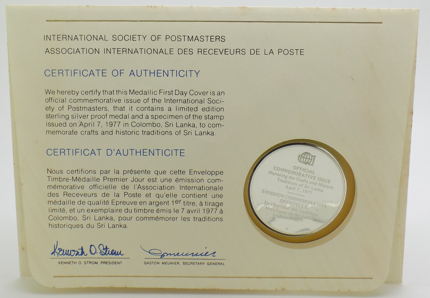 1976 Int'l Society of Postmasters Traditions of Ski Lanka Sterling Silver Medal