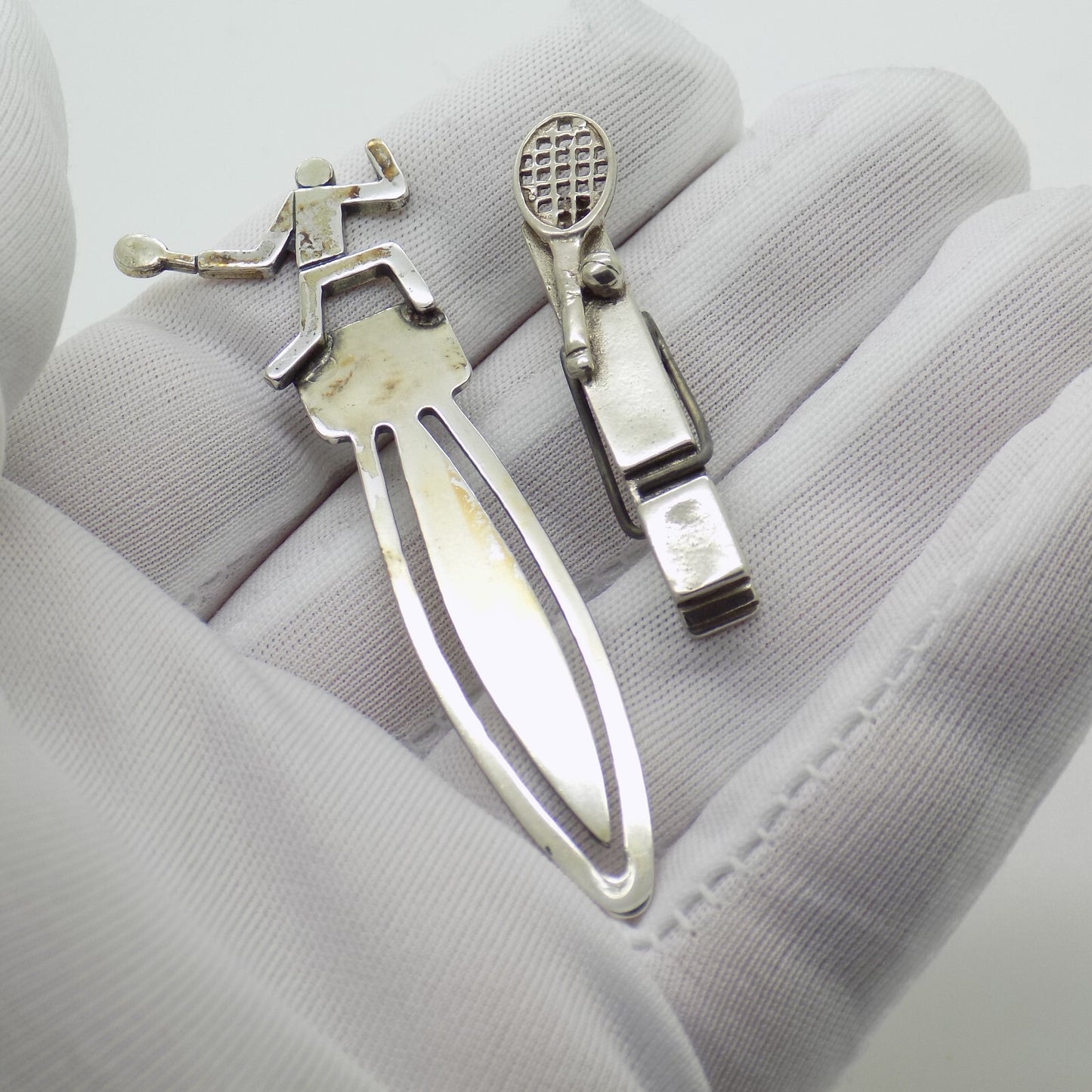 2 x Vintage Italian Handmade Genuine Silver .800 RARE Tennis Themed Bookmarks