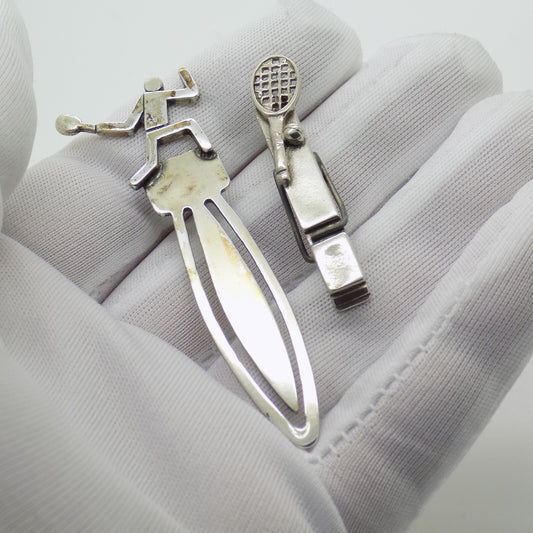 2 x Vintage Italian Handmade Genuine Silver .800 RARE Tennis Themed Bookmarks