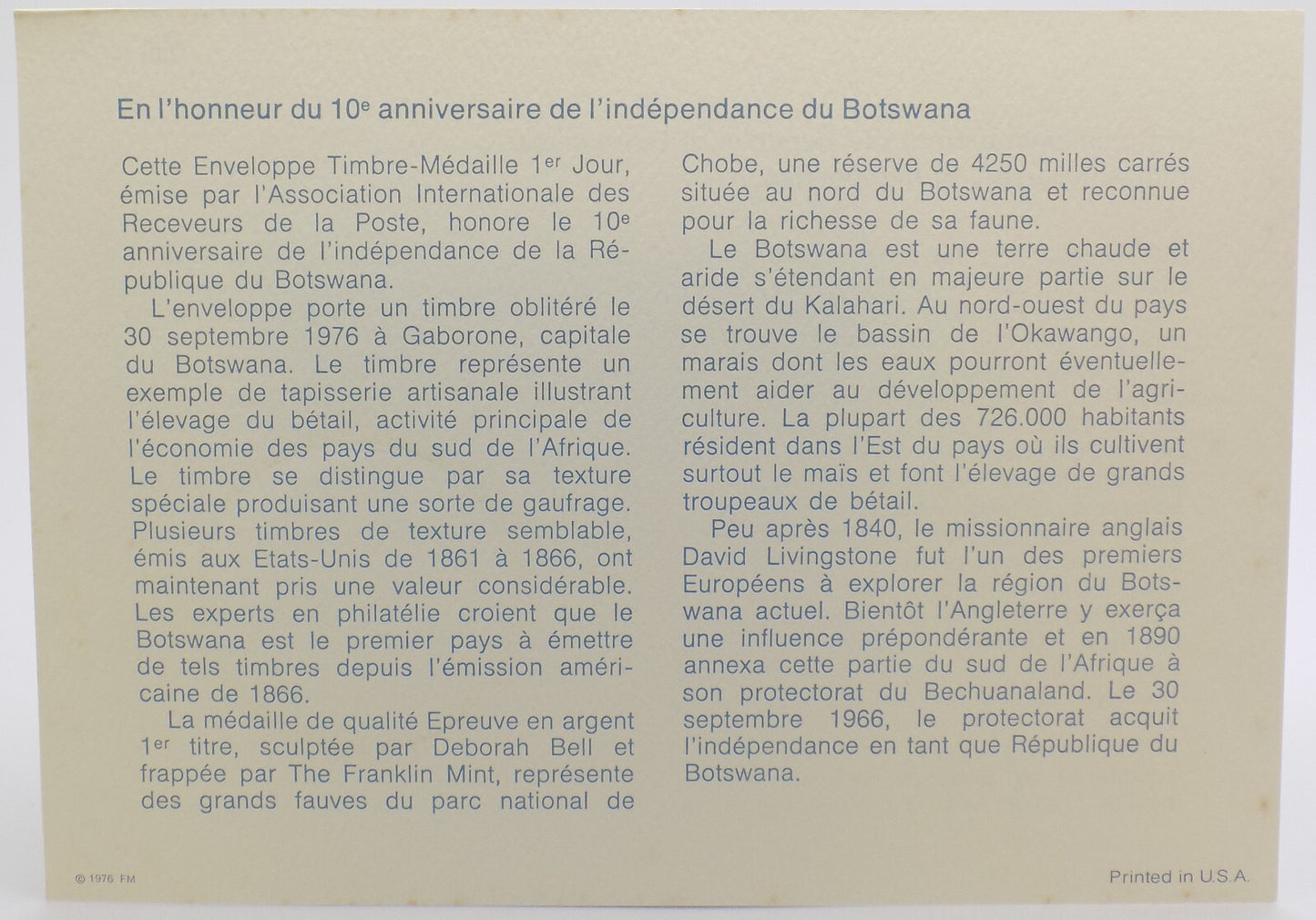 1976 Int'l Society of Postmasters 10th Ann. Republic of Botswana Silver Medal