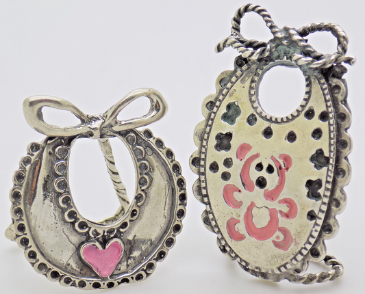 Vintage Italian Handmade Genuine Silver .800 Two Baby Bibs Figurines Miniatures