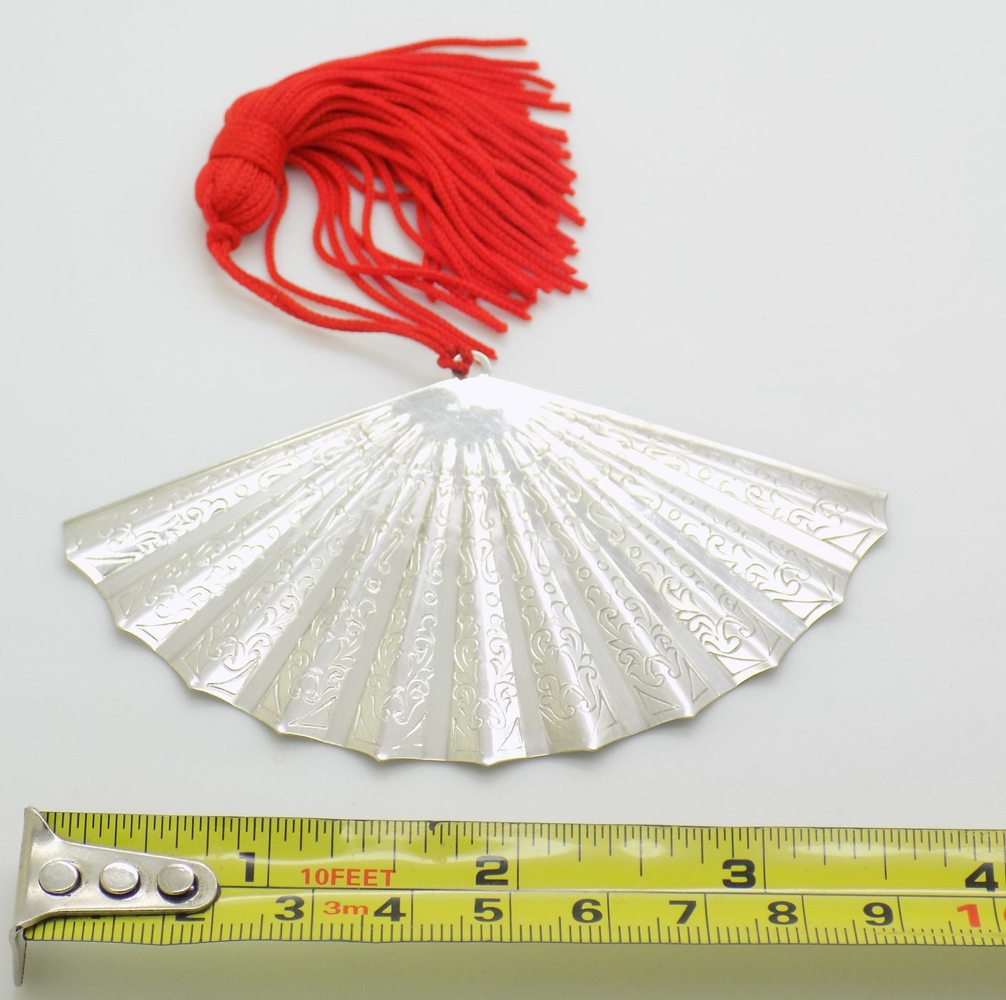 Vintage Italian Silver Large Fan Miniature Handmade 800 Silver with Red Tassel