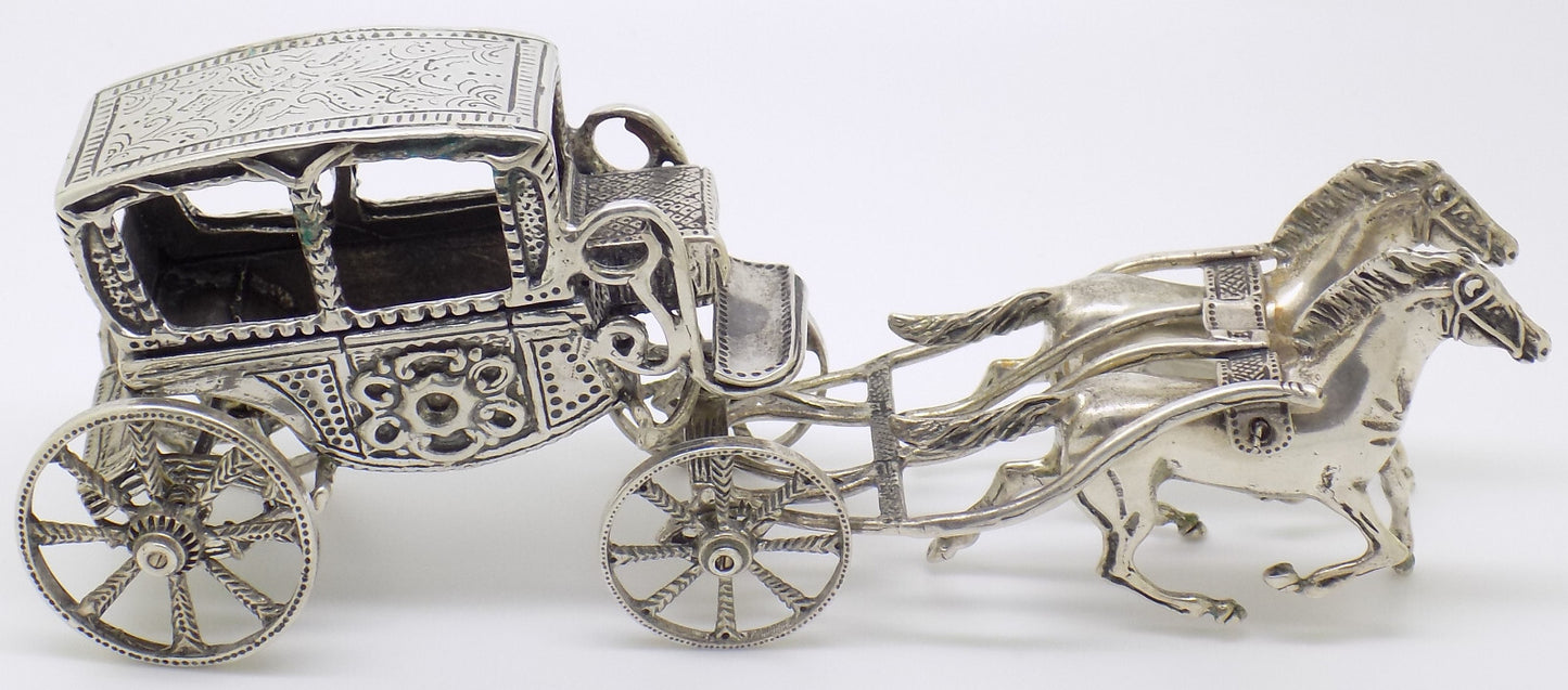 Vintage Italian Handmade Genuine Silver Large Royal Carriage w/t Horses Statue