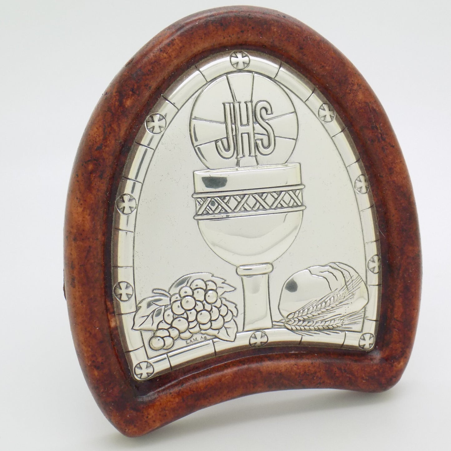 Vintage Italian Handmade Silver Lamina Sheet JHS Christian Icon Holy Eucharist