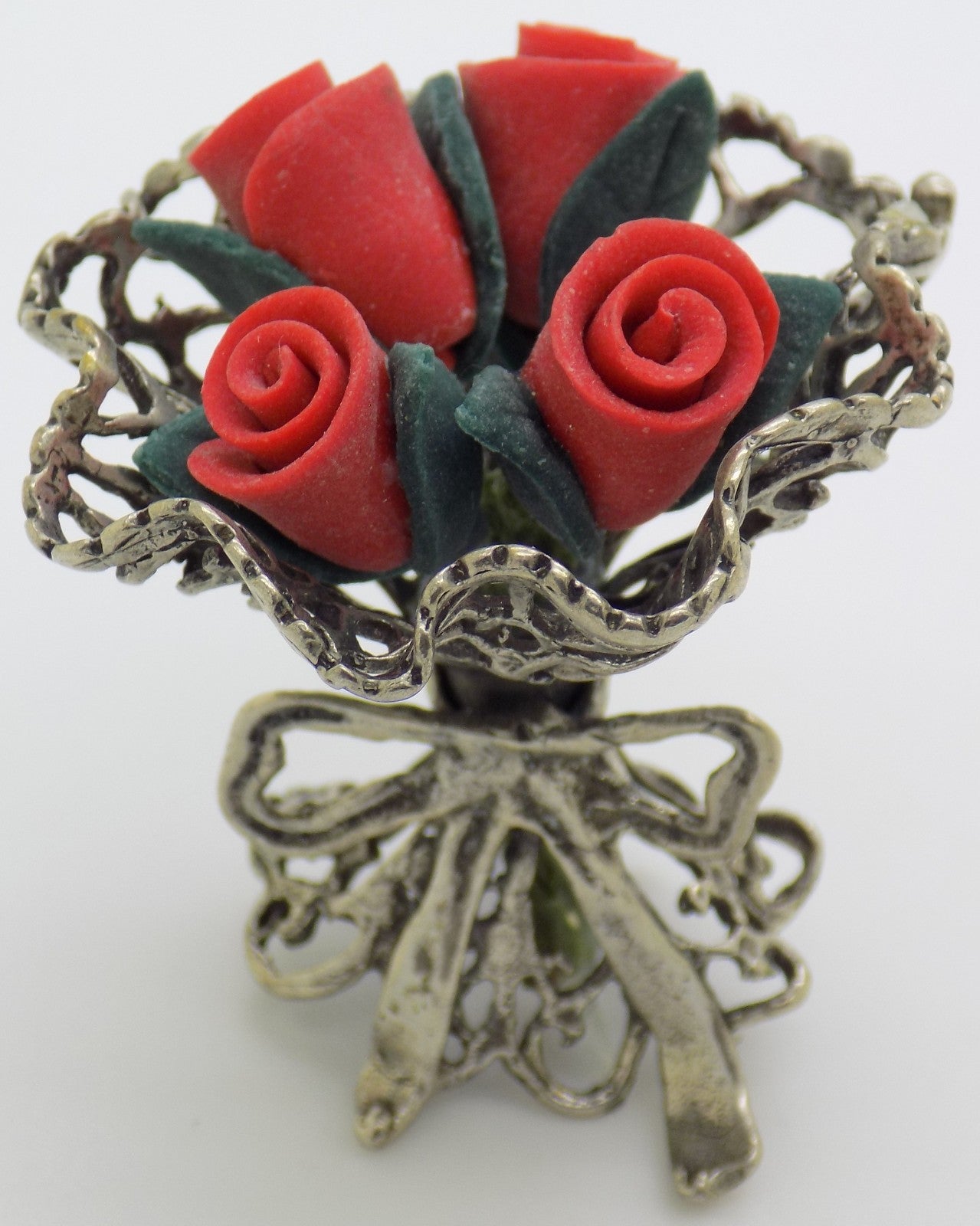 Vintage Handmade Italian Genuine Silver Rose Bouquet Dollhouse Miniature
