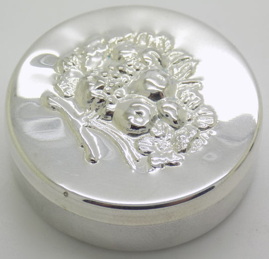 Vintage Italian Handmade Genuine Silver Fruit & Flower Decorated Round Box
