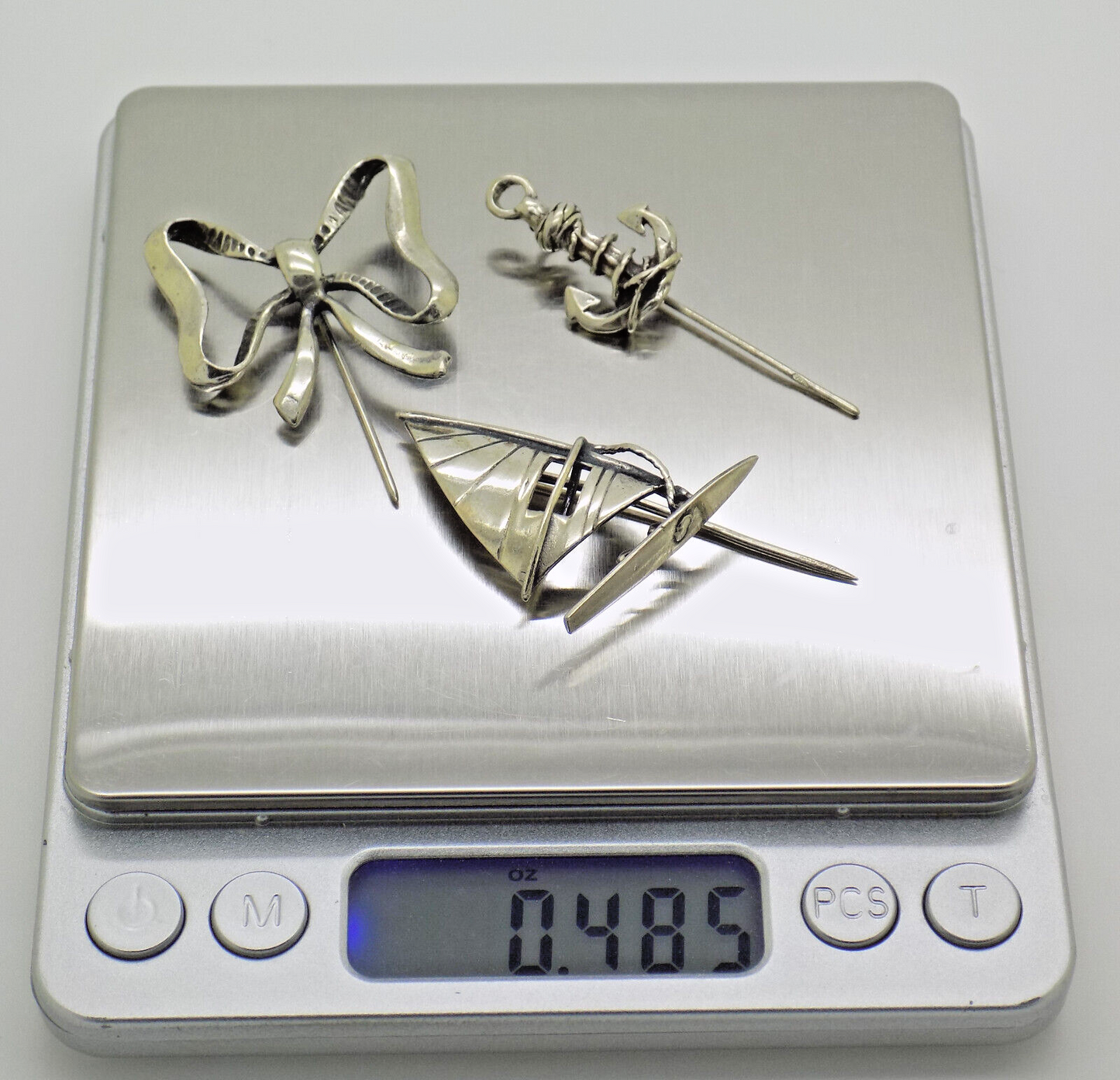 Vintage Italian Handmade Genuine Silver 3 x Brooches Anchor Ribbon and Windsurf