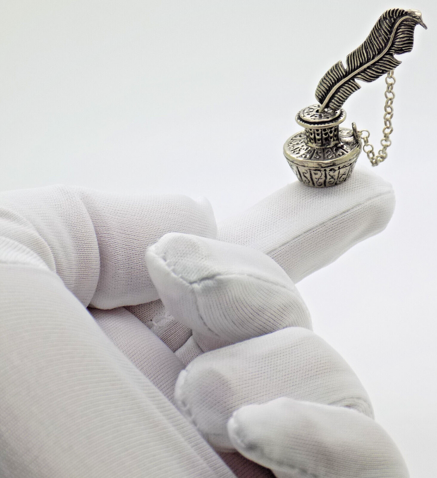 Vintage Italian Handmade Genuine Silver .800 Pen & Inkwell Dollhouse Miniature