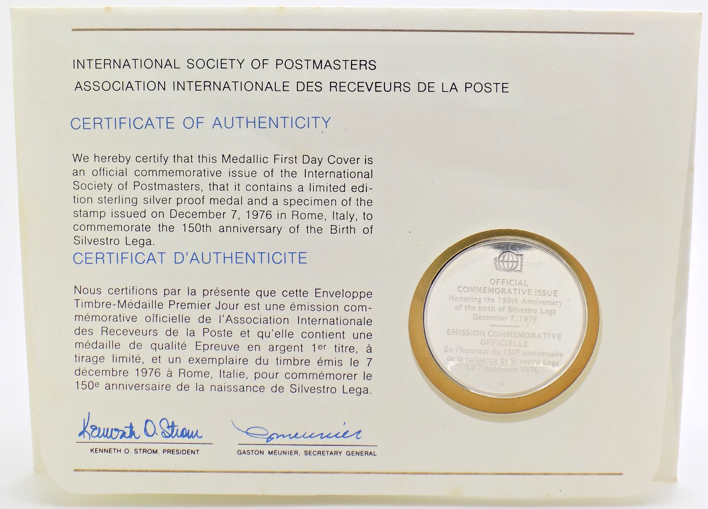 1976 Int'l Society of Postmasters Silvestro Lega Birth 150th anniv. Silver Medal