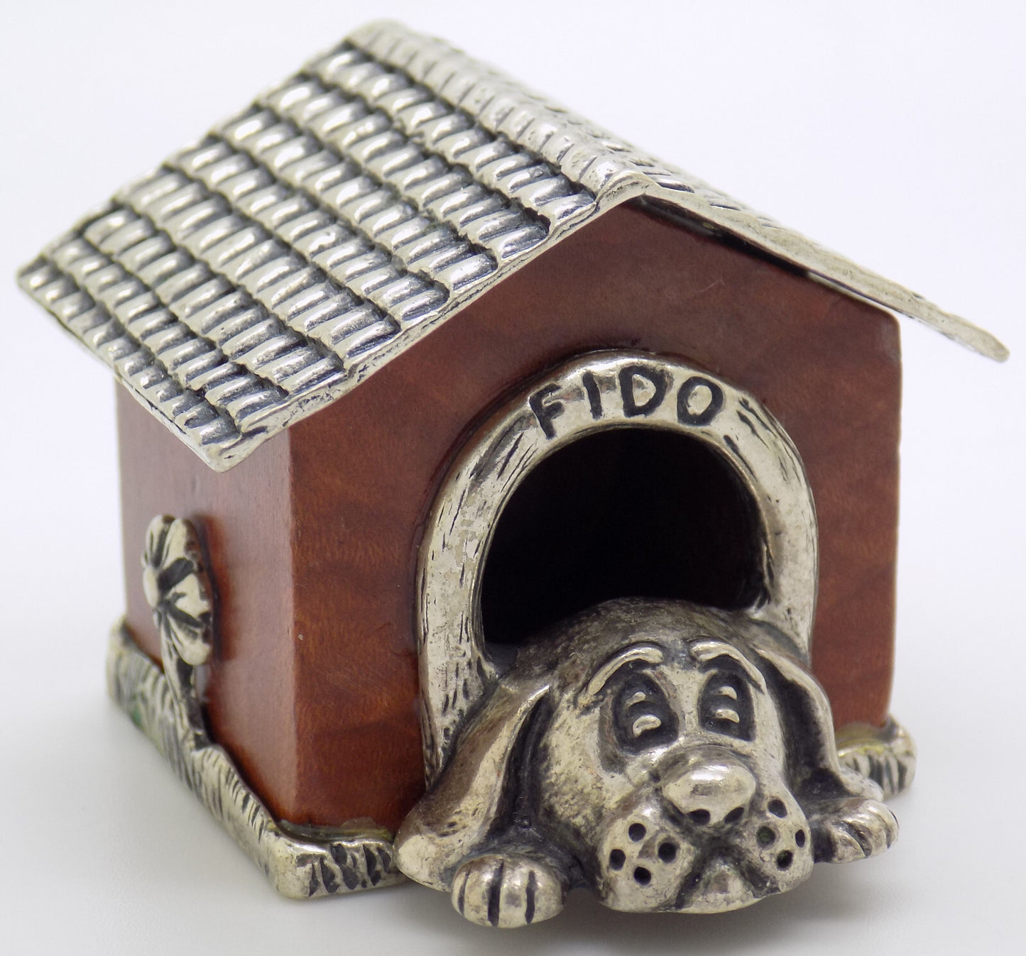 Vintage Italian Handmade Genuine Silver & Wooden LARGE Doghouse & Dog Figurine