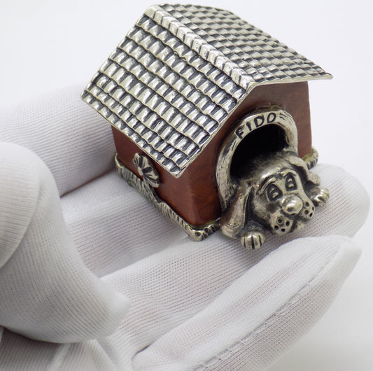 Vintage Italian Handmade Genuine Silver & Wooden LARGE Doghouse & Dog Figurine