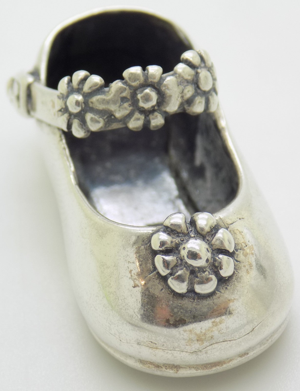 Vintage Italian Sterling Silver 925 Child Shoe with Flowers Miniature 1980s