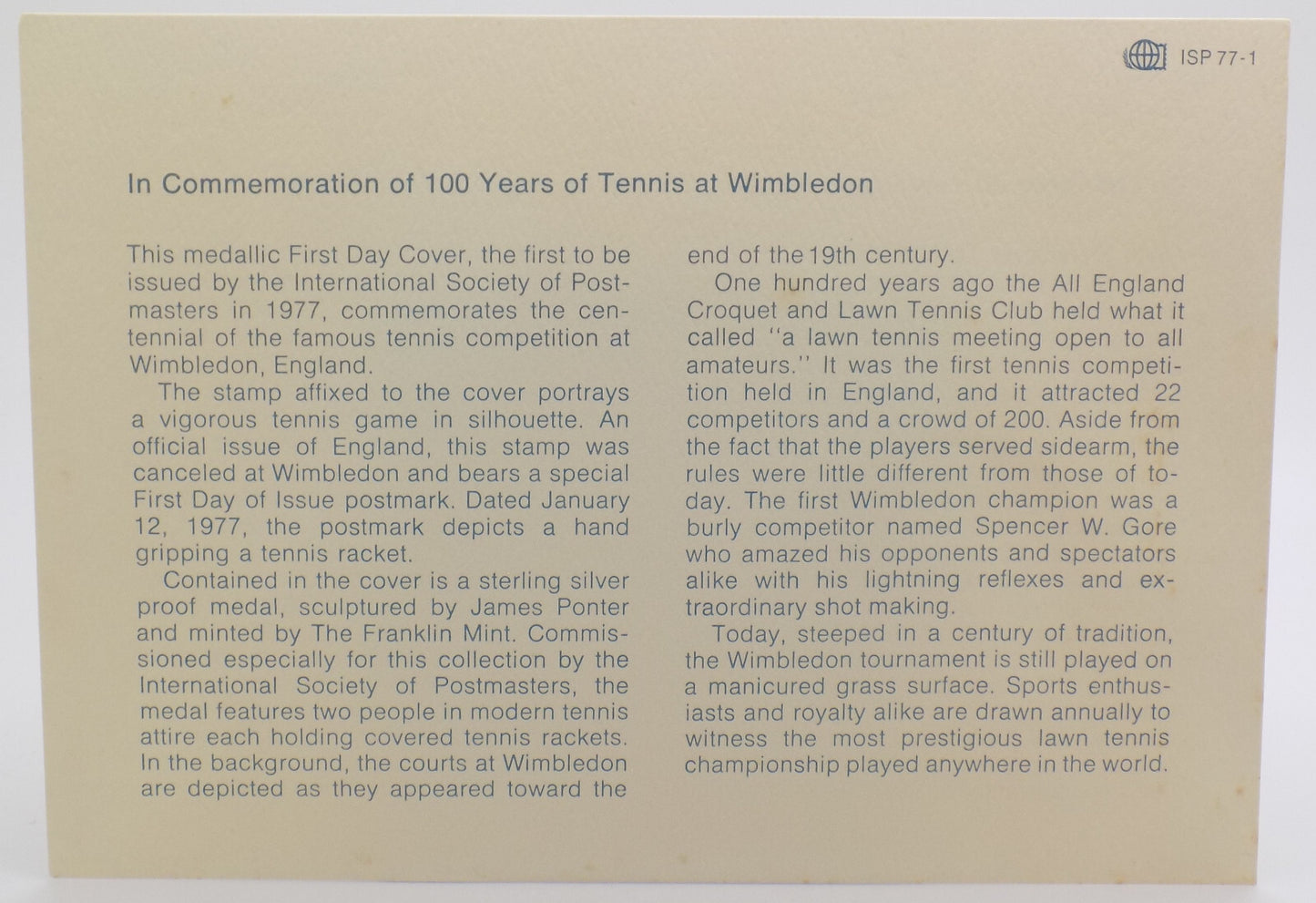 1977 Int'l Society of Postmasters 100 Years of Tennis in Wimbledon Silver Medal