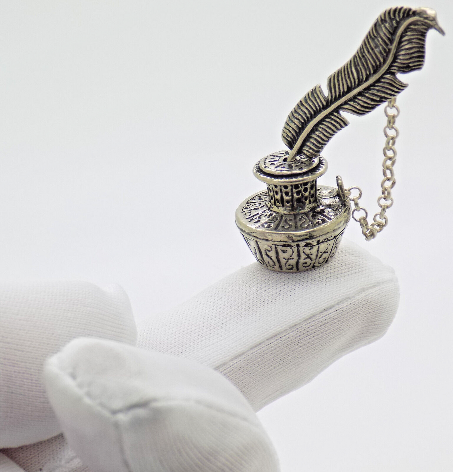 Vintage Italian Handmade Genuine Silver .800 Pen & Inkwell Dollhouse Miniature