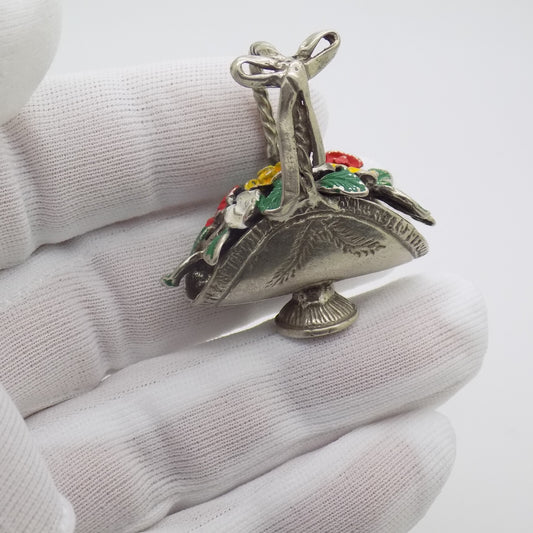 Vintage Italian Handmade Genuine Silver Flower Basket RARE Dolhouse Miniature