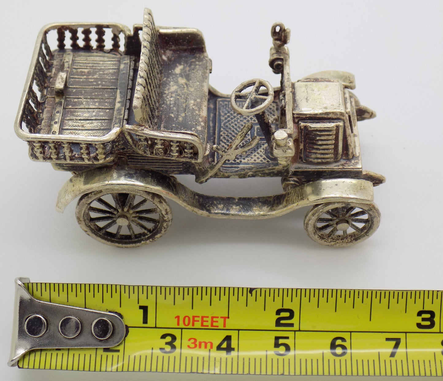 Vintage Italian Handmade Genuine Silver Tonneau Renault 1900 Car RARE Figurine