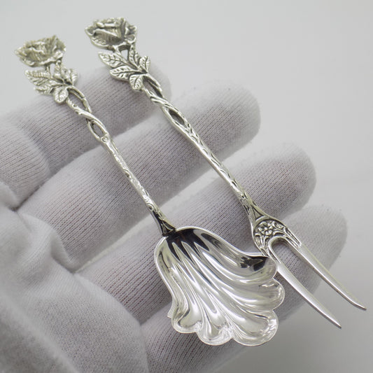Vintage Swedish 830 Silver Fork & Spoon Set Rose Design 1965 Rolf Nilsson