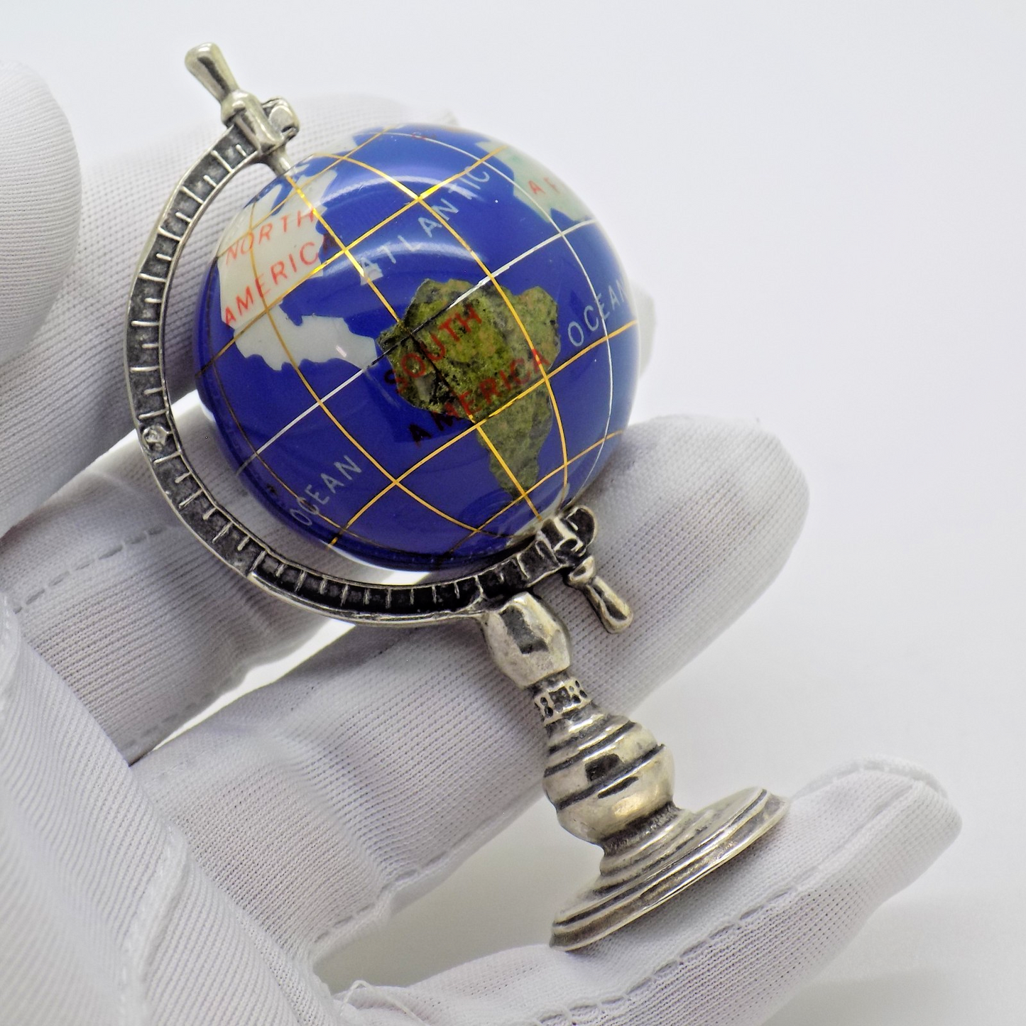 Vintage Italian Silver & Porcelain Rotating Globe Large Figurine made in Tuscany