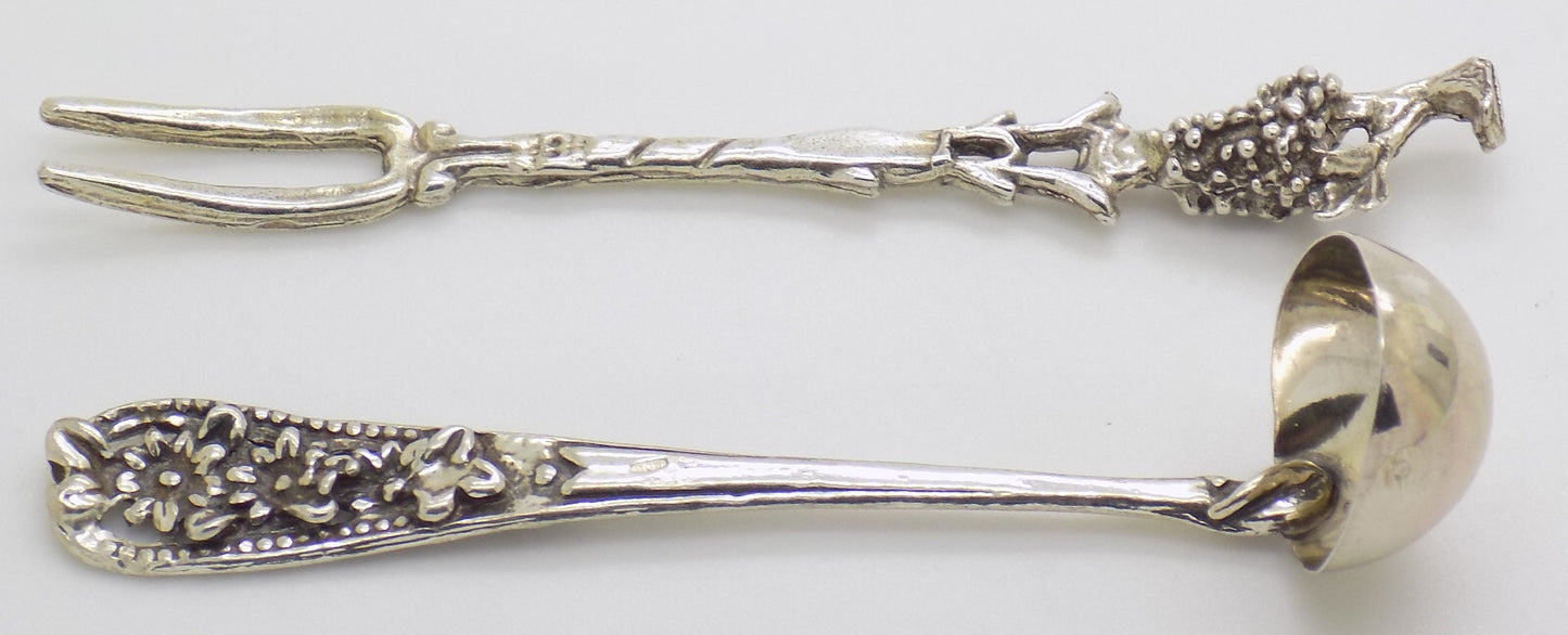 Vintage Italian Handmade Genuine Silver Cocktail Fork & Cherry/Olive Mini Ladle