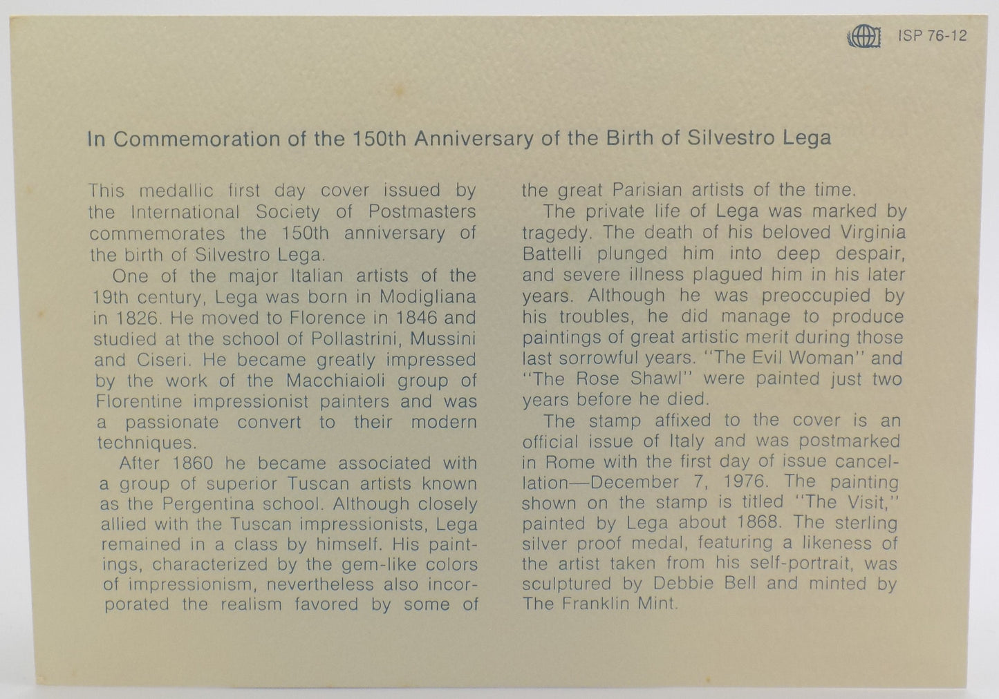 1976 Int'l Society of Postmasters Silvestro Lega Birth 150th anniv. Silver Medal